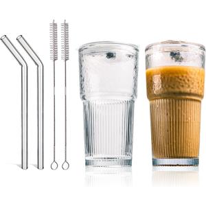 20oz Glass Tumblers with Lids and Straws - Stylish Vintage Ribbed Design for Iced Coffee, Juice, Smoothies, Milkshakes, Cold Beverages & Whiskey Cocktail Beer - Includes Cleaning Brush (2pack-Frosted)