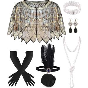 PLULON 1920s Flapper Accessories Set for Women, Great Gatsby Dresses Sequin Shawl Wraps Roaring 20s Dresses for Party (Black Gold)
