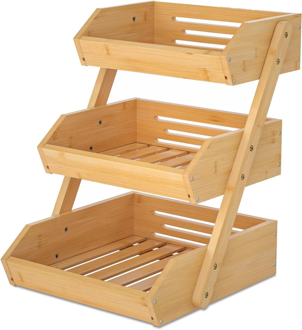 Large 3 Tier Bamboo Fruit Basket Stand for Kitchen Countertop  Fruit Holder  Suitable for Bread, Vegetables, Produce, Home Storage and Display
