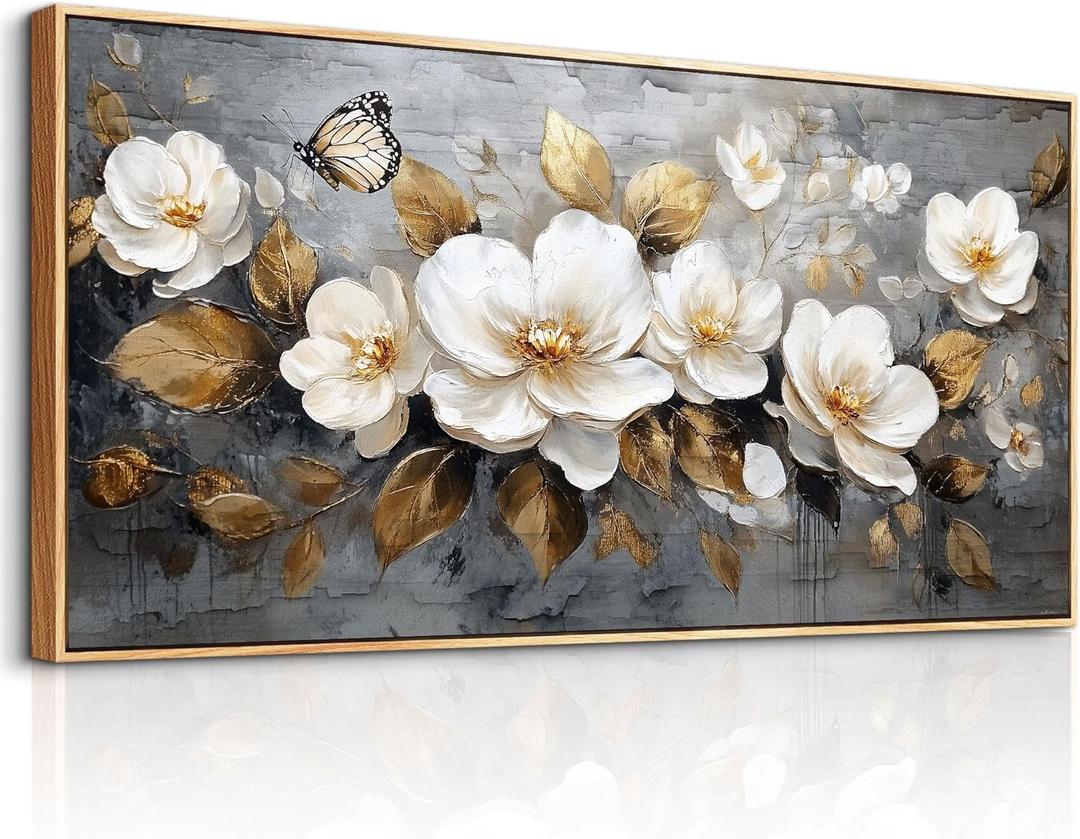 FUHAIHUA Wood Framed Canvas Wall Art For Living Room Wall Decor For Bedroom Office Wall Decoration White Flower Painting Farmhouse Pictures Artwork Room Aesthetic Home Decor 20x40 In (40L" x 20W", White Flower Wood Framed)