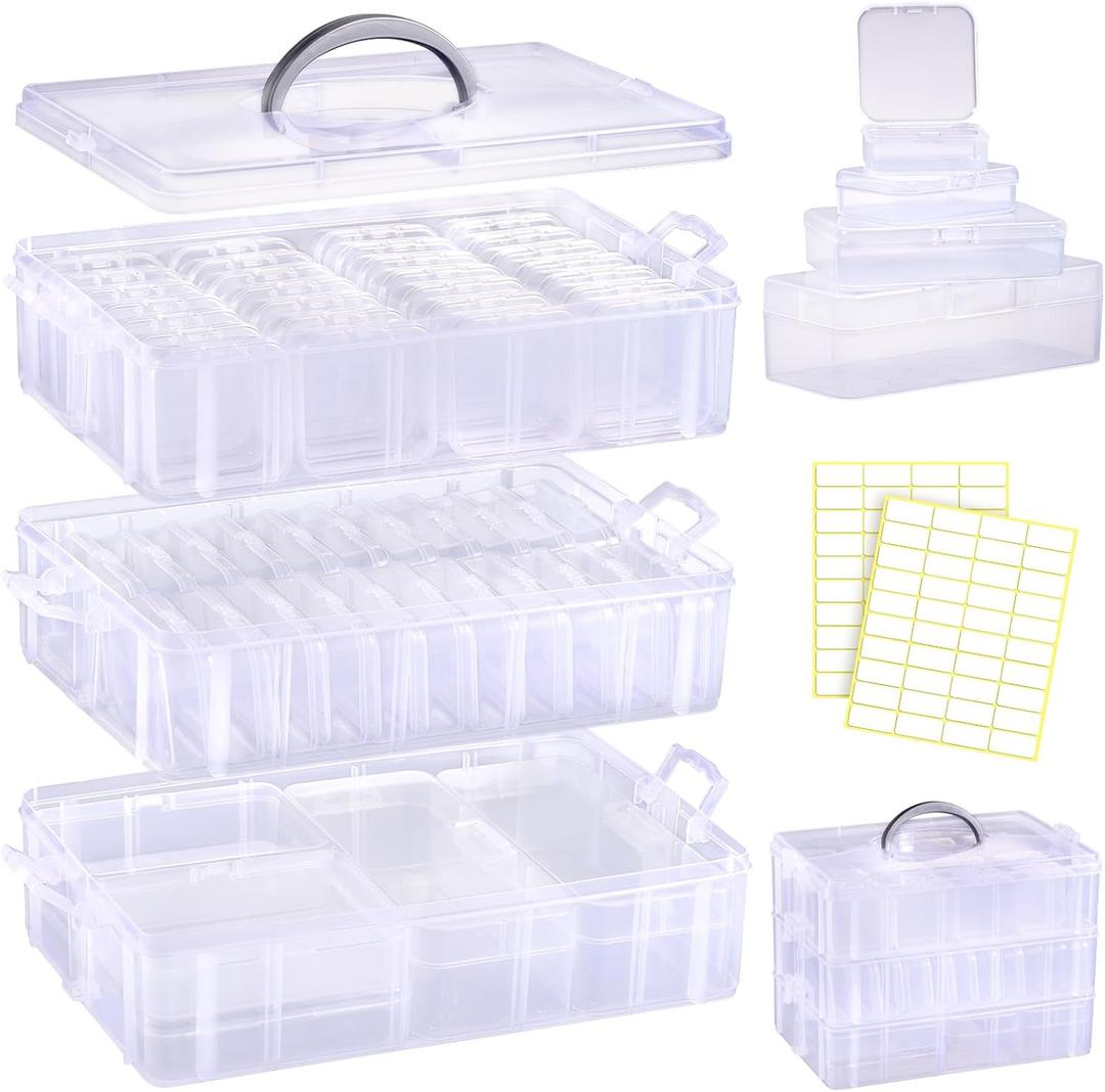 Funtopia Bead Organizers and Storage, 56 Pcs Small Plastic Containers with Lids and 3-Tier Stackable Storage Box, Mini Clear Organizers for Jewelry Toys Craft Storage (4 Sizes)