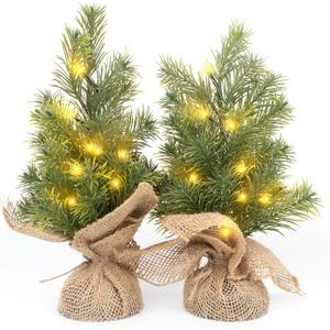 MINDELF Set of 2 Mini Christmas Tree, 12 in Pre-lit Tabletop Xmas Decorations with 8 Warm LED Lights, Battery Operated with Timer, Burlap Base Artificial Pine Tree for Indoor Desk Office Dorm