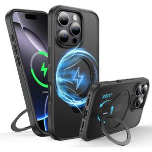 360Rotatable Magnetic Ring for iPhone 16 Pro Max Case Compatible with MagSafe[Non-Slip Texture Edge][Built-in Kickstand][Military Shockproof] Translucent Matte Soft Silicone Bumper Slim,Black