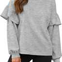 Fisoew Womens Crewneck Sweatshirts Fall Casual Ruffle Long Sleeve Roll Hem Loose Cropped Pullover Tops (XX-Large, Grey)