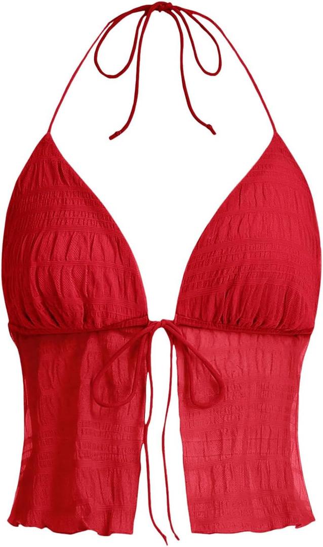 SOLY HUX Women's Y2K Tie Up Crop Top Backless Halter Neck Summer Going Out Cami Tops Coquette Shirts (Pure Red) S