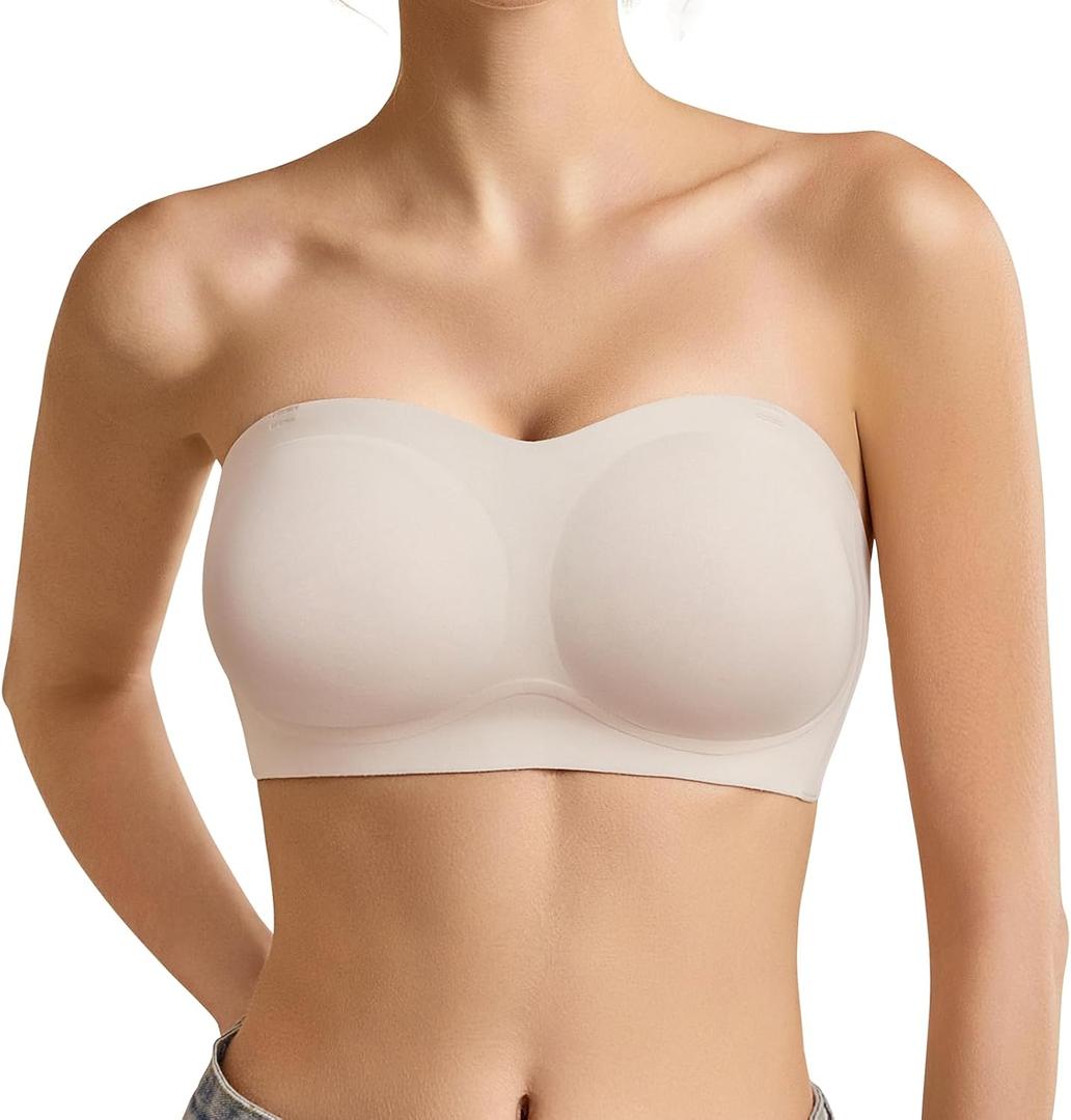 Strapless Bra for Women Bandeau Bras Wireless Seamless Padded Tube Bra Non-Slip Silicone Invisible Bralette (Beige, Small)