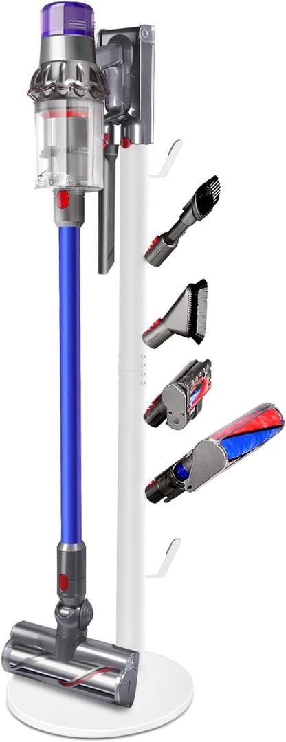Freestanding Vacuum Stand Holder Compatible with V15 Detect, V11 V10 V8 V7 V6 Cordless Vacuum Cleaners, Floor Docking Station Metal Organizer Bracket with 6 Hooks, White