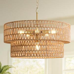 23.6" Boho Rattan Chandelier, 6-Light Large Rattan Pendant Light with 2-Tier Wicker Shade, Bohemian Farmhouse Ceiling Light Fixture Chandelier for Dining Room, Living Room, Bedroom, Kitchen Island