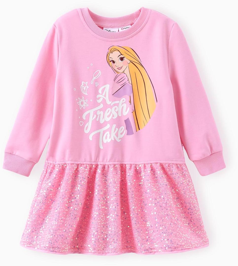 Disney Stitch Minnie Elsa Princess Sweatshirt Dress Toddler Girl Sequin Long Sleeve Pullover Clothes Fall Outfit 2-9 Years (4-5T, Pink)