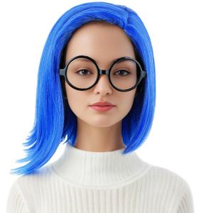morvally Blue Costume Wig and Glasses for Women Short Blue Bob Wig Fun Anime Cosplay Halloween Wig (Adults)