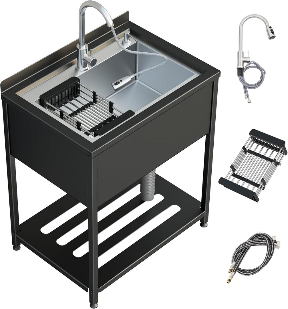 30inch Stainless Steel Utility Sink, Commercial Kitchen Single Bowl Sink with Cold and Hot Water Faucet,Hoses and Drain Kit,Stainless Utility Sink for Kitchens, Bathrooms, Garage, Laundry Room