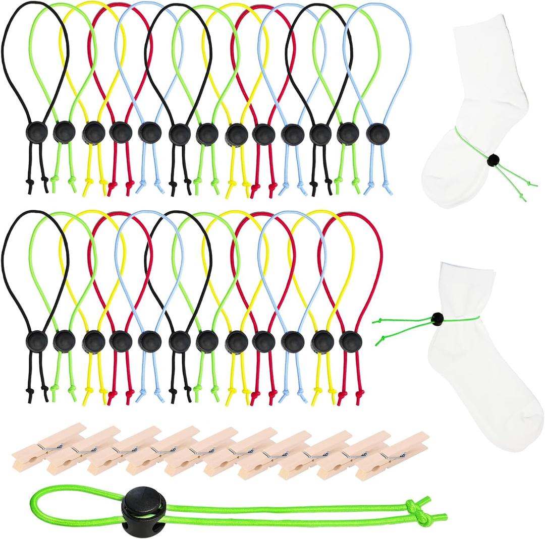 35 Pcs Laundry Strap Sock Clips Set Includes 25 Pcs Sock Clips for Laundry Nylon Strap Sock Organizer,10 Pcs Wooden Clamps,Your Sock Laundry Organize Tie Clips Sock Organizer for Washing