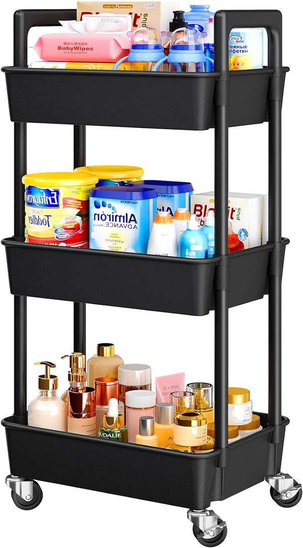 Pipishell 3 Tier Rolling Cart Organizer, Plastic Rolling Cart with Lockable Wheels & Reinforced Handle, Lightweight Utility Storage Cart for Nursery, Kitchen, Craft Room, Black