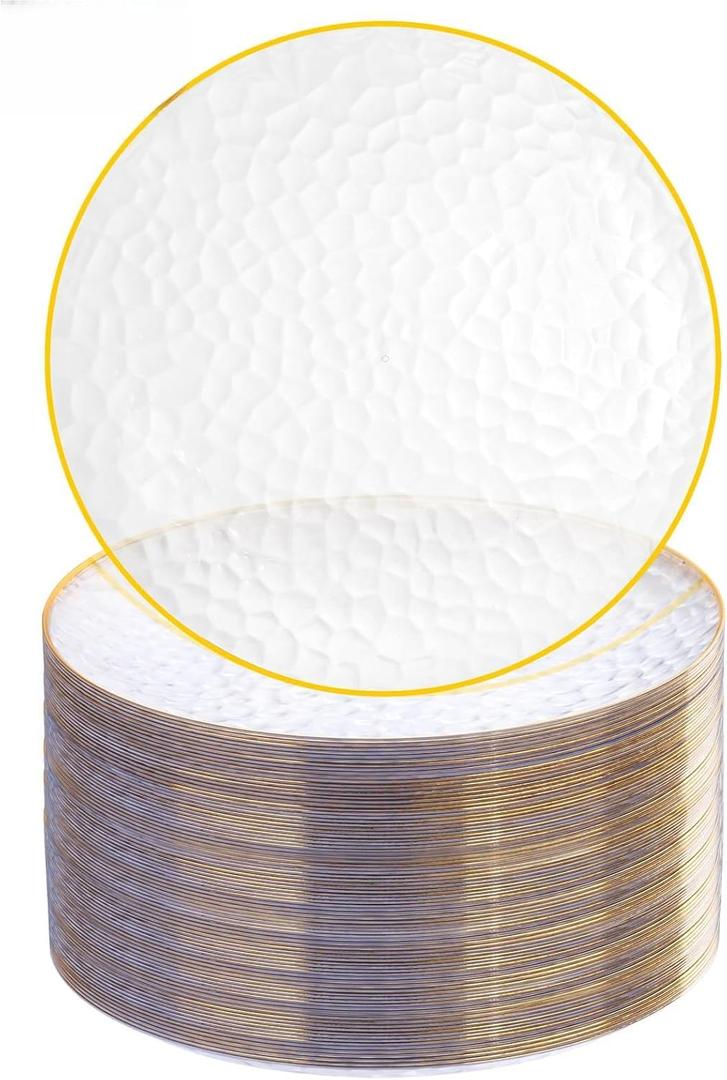 Rubtlamp 100 Pcs Clear Gold Plastic Plates, Hammered Party Plates, Clear Disposable Dessert Platos,Clear Gold Platos 7 Inch, Heavy duty Gold Plastic Dessert Platos Disposable For All Occasions (100, clear gold)