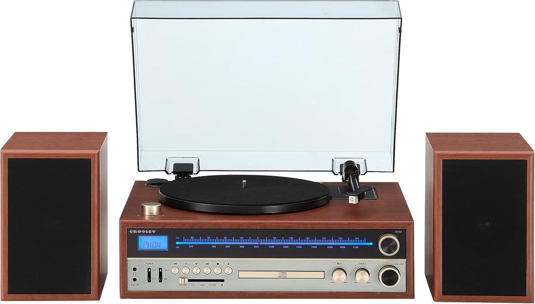 Crosley 1975T Turntable System with Bluetooth, CD, AM/FM and Included Speakers, Walnut