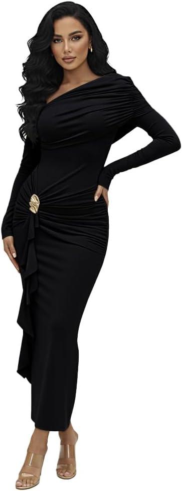 HWP Women's Sexy Ruched Bodycon Midi Dresses Asymmetrical Neck Long Sleeve Ruffle Club Cocktail Date Night Dress, Size L