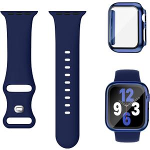 Compatible for Apple Watch Bands 40mm 41mm 44mm 45mm 42mm 46mm with Screen Protector Case Women, Silicone Strap Bling Diamond Protective Cover Tempered Glass for iWatch Series 10 9 8 7 6 5 4 3 11 SE (Midnight Blue)