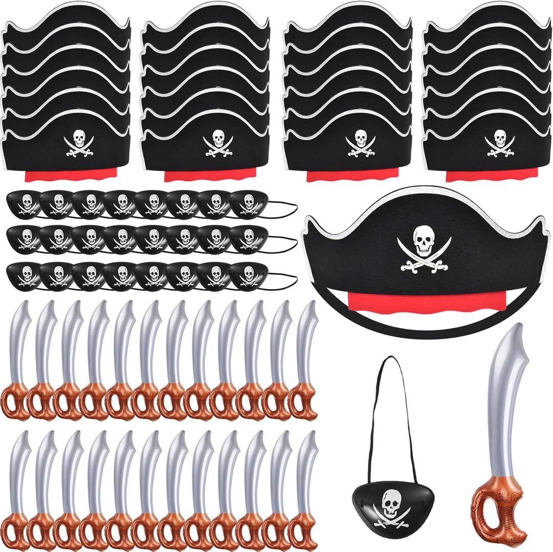 ZeeDix 72 Pcs Pirate Accessories for Kids, Include 24 Pirates Hats, 24 Eye Patches and 24 Swords, Pirate Party Decorations for Christmas, Halloween, Masquerade, Cosplay, Birthday