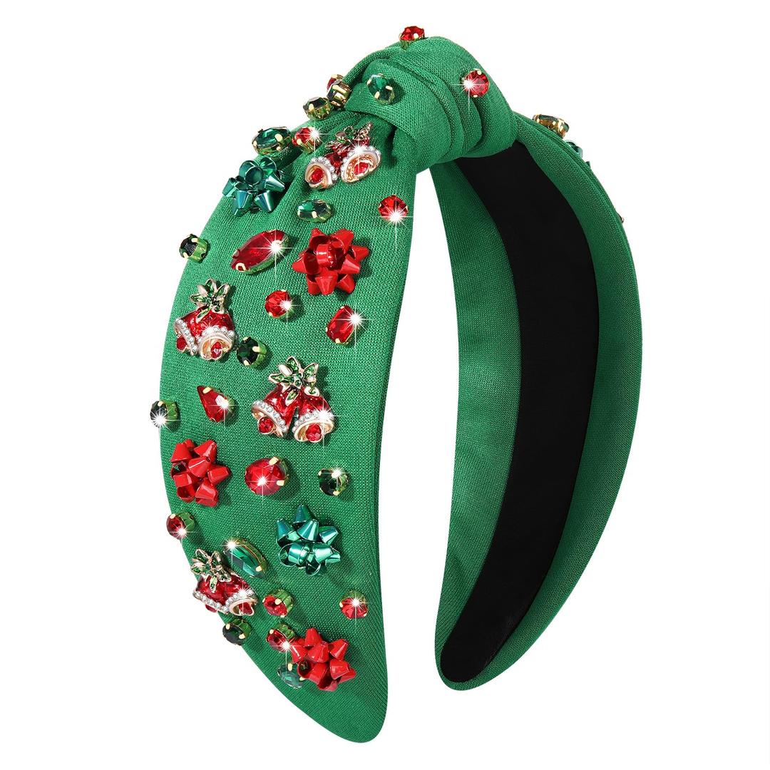 MOLOCH Christmas Headband for Women Christmas Tree Bow Snowflake Knotted Headband Jeweled Crystal Xmas Head Band Xmas Decorations Gifts, Christmas Bow Green