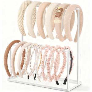 Headband Holder Organizer Metal 2-Tier with Tray: Hair Accessories Display Stand Storage Hairband Rack Necklace Stand Home Bedroom for Girls Women, White