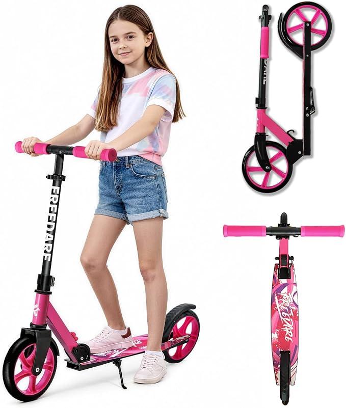 FREEDARE Foldable Kick Scooter for Ages 8+ Kid & Teens, Adults, Pink