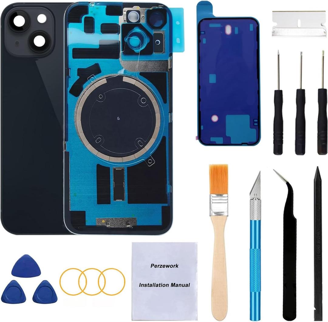 Rear Back Glass Replacement for iPhone 14 6.1-inches with + Pre-Installed Plate and Camera Frame and Lens + Reparing Tool Kit (Midnight Black)