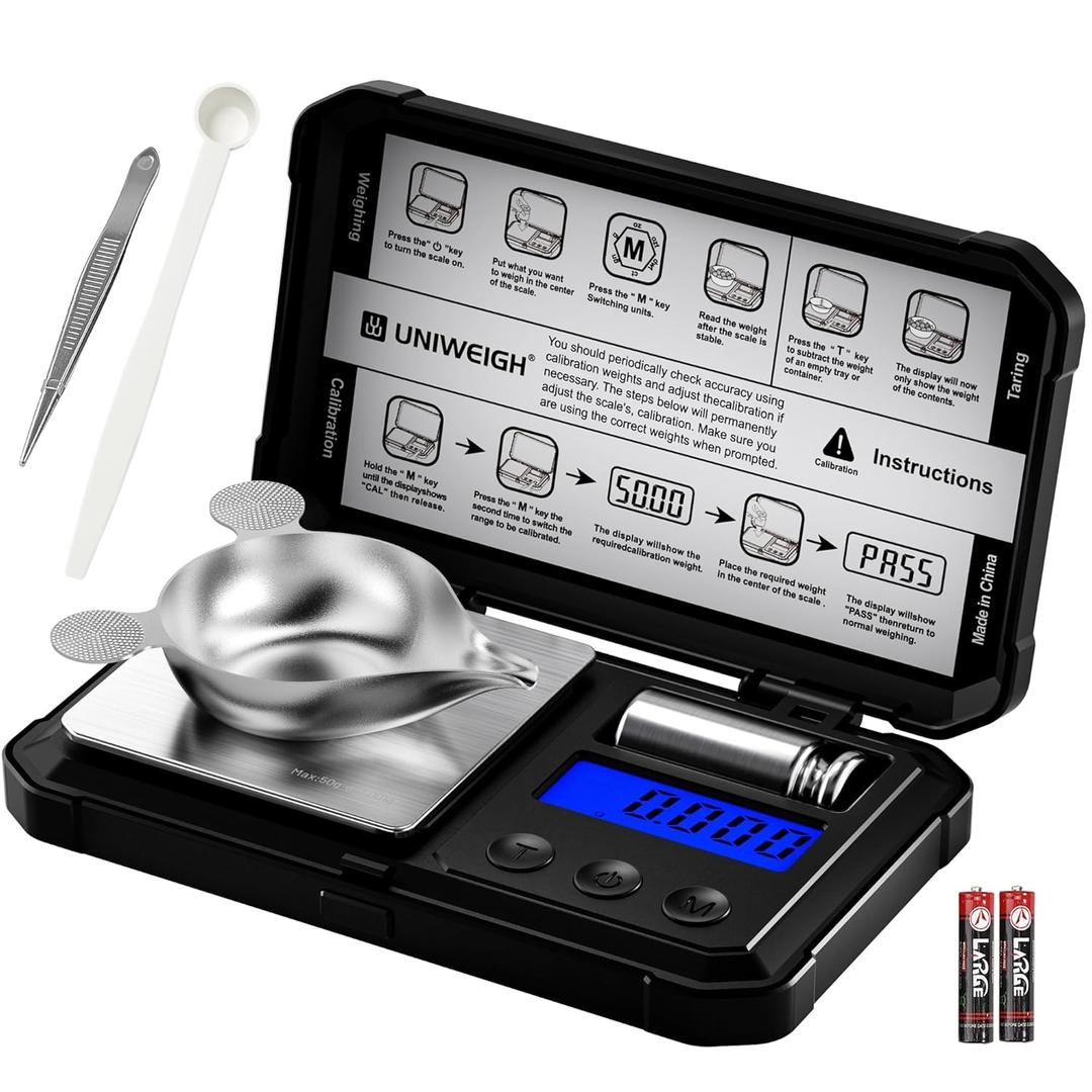 UNIWEIGH Milligram Scale 50g/0.001g High Precision,Digital mg Scale with LCD/Tare,6 Units Jewelry Scale,Micro gram Scale for Powder,Coins,Gold,Reloading Scale,Included Cal Weight,Batteries