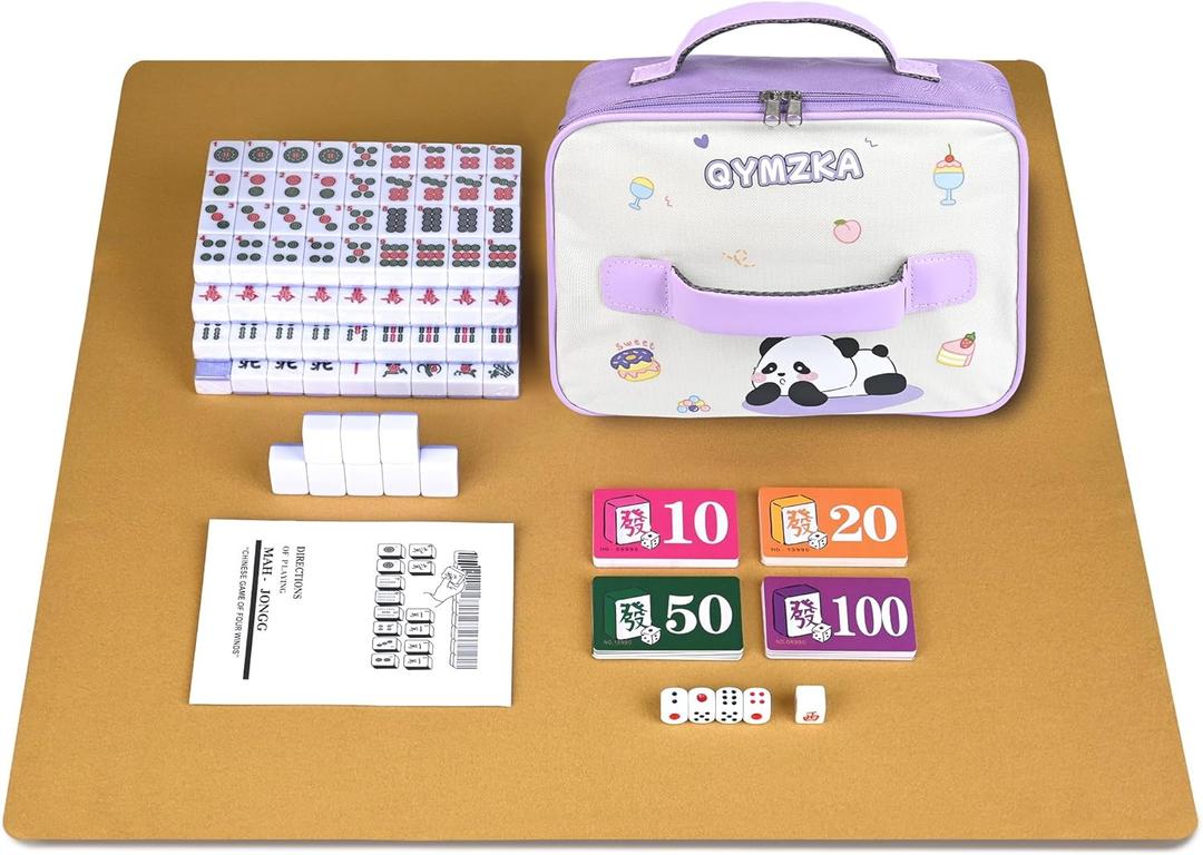 Chinese Small Mahjong Set, 144 Numbered Melamine 1.17" Size Tiles(Purple) and 8 Blank Tiles, with Carrying Travel Bag, English Instruction, Mahjong Mat, Pro Complete Mahjongg Game Set (Majiang)