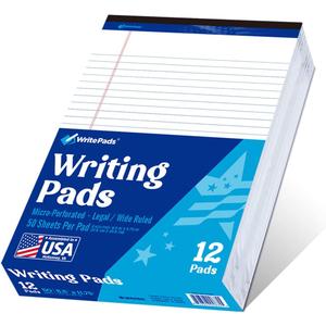 Legal Note Pads 8.5"x11" Legal Pads,Wide Ruled,White Paper,12 Pack,50 Sheets Per Writing Pad,Micro Perforated Writing Pad,BL-MWT50W-12PAD