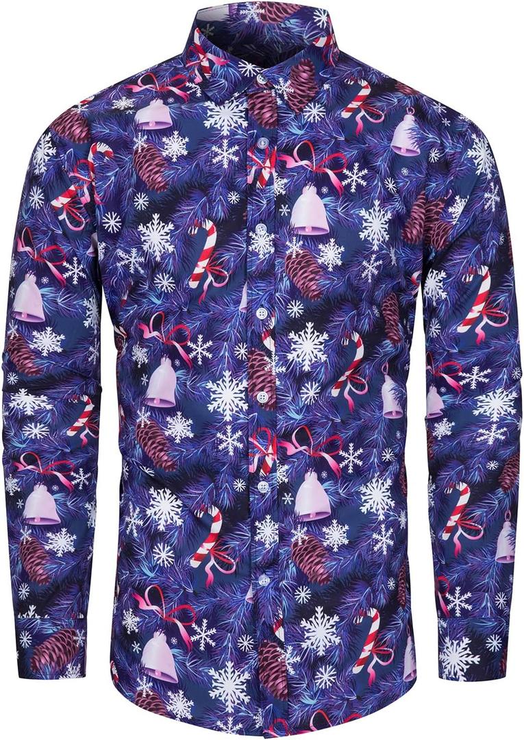 fohemr Mens Christmas Novelty Shirt Ugly Santa Claus Button Down Long Sleeve Funny Holiday Costume Shirts for Party (Blue, XXL)