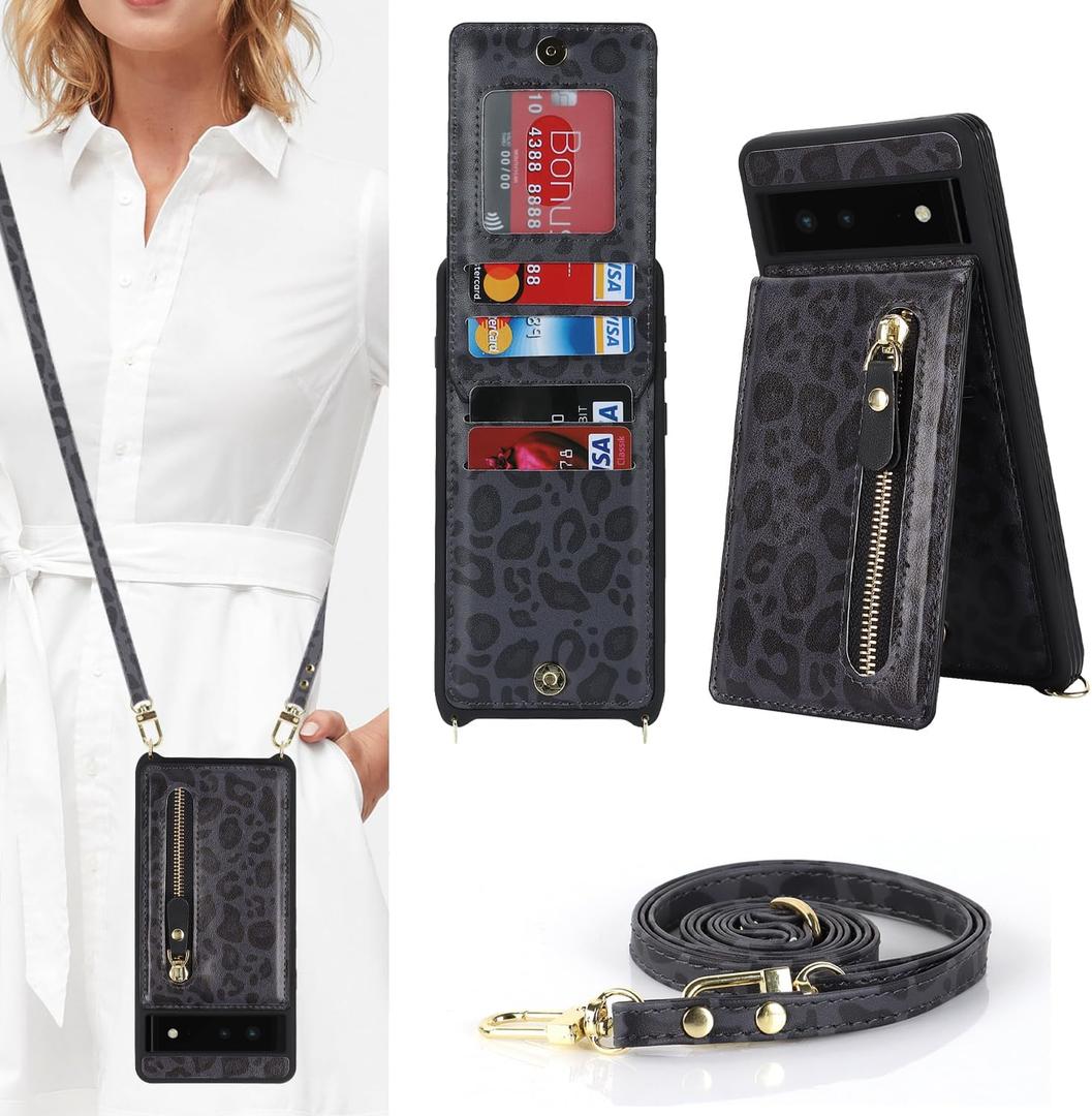 for Google Pixel 6 Case with Card Holder for Women,for Pixel 6 Phone Case Wallet with Strap Credit Card Slots Crossbody with Kickstand Zipper Case for Pixel 6 - Black Leopard