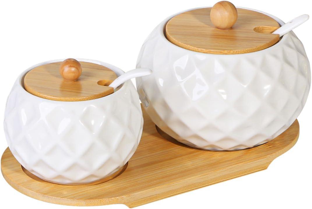 Ceramic Sugar Bowl with Lid and Spoon,White Sugar Bowls with Bamboo Tray,2pcs Kitchen Countertop Spice Container Set,Condiment Storage Jars for Coffee,Spice,Salt,17 oz and 8 oz