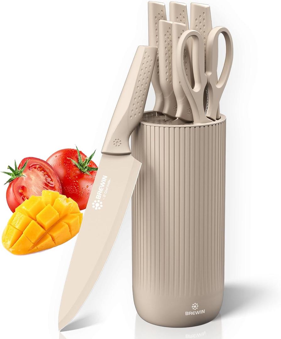 Knife Set, Brewin Kitchen Knife Set, Knives Set for Kitchen, Universal Knife Block, Utility Knife Block Set, New Home Essentials, Apartment Essentials, Dishwasher Safe (Khaki)