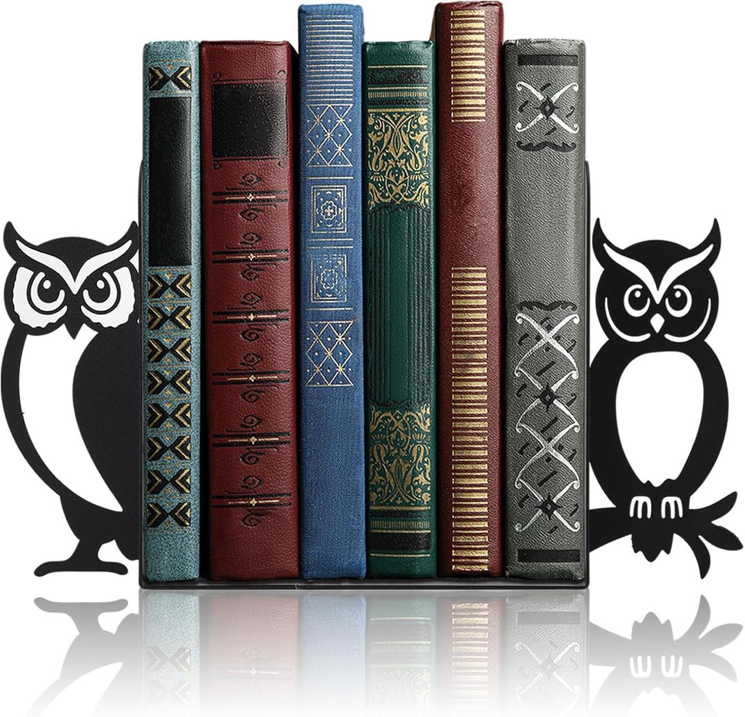 Geelin Owl Bookends for Shelves Decorative Metal Book Ends Set of 2 Styles Vintage Style Black Owl Design Heavy Duty Non-Slip Book Holders for Home Library Office Decor Gift for Reading Lovers