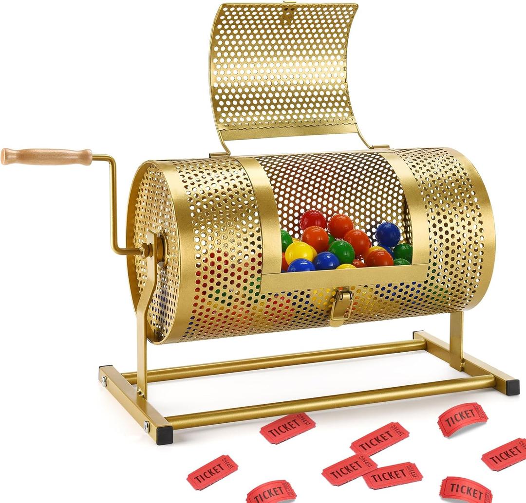 Raffle Drum, Heavy Duty Raffle Ticket Spinner Cage with Wooden Silent Design Turning Handle, Thickened Raffle Ticket Box for Lottery Games, Bingo, Raffle Balls, Gold