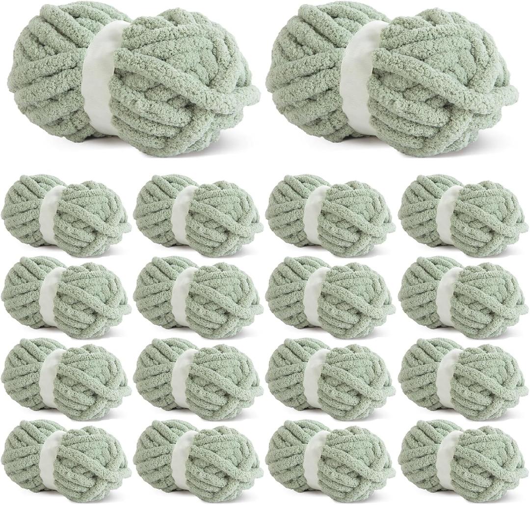 HOMBYS Sage Green Chunky Chenille Yarn for Crocheting, Bulky Thick Fluffy Yarn for Knitting, Super Bulky Chunky Yarn for Hand Knitting Blanket, Soft Plush Yarn, 18 Jumbo Pack (27yds,8 oz Each Skein)