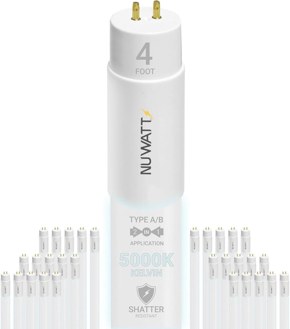 NuWatt 30 Pack 4 FT LED T8 Tube Light, T10 T12 Hybrid Type A+B, 5000K Daylight, 18W, High Brightness 2200 Lumens, Plug & Play OR Ballast Bypass Fluorescent Tube Replacement, Single or Double Ended, UL
