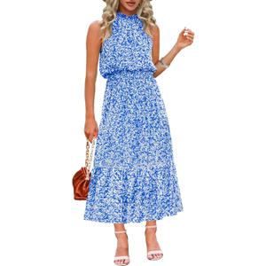 Chang Yun Maxi Summer Dresses for Women Halter Sleeveless Floral Boho Sun Vacation Outfits Long Wedding Guest Dress L