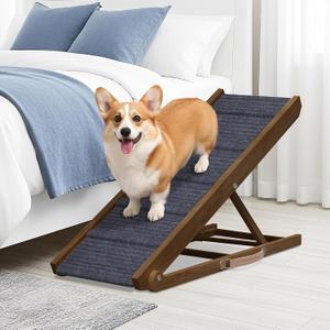 Adjustable Dog Ramp for Bed - Foldable Wooden Ramp for Dogs to Get on Bed, Couch, or Car with 13.4" Wide Walking Space (Walnut Wood with Gray Carpet, Medium)