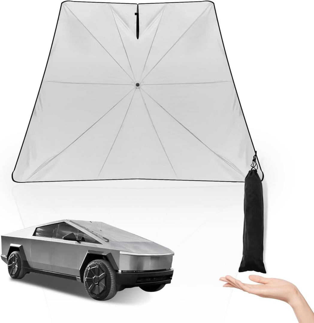 BestEvMod Windshield Sun Shade Foldable Sunshade Compatible with 2024 2025 Tesla Cybertruck Upgraded Heat Reflective Tech Umbrella Style Accessories Sunroof Easy to Store (Windshield Sun Shade)