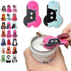 2Pc Soda Can Opener and Cover,Easy Soda Tab Opener with Stylish Drink Protectors for Long Nails,Reusable Beverage Barricade for Camping,BBQ,Party Blue&Red Cat Face