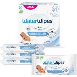 WaterWipes Sensitive+ Newborn & Baby Wipes, 3-In-1 Cleans, Cares, Protects, 99.9% Water, Unscented & Hypoallergenic, Count of 240 (Pack of 4)