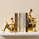Decorative Bookends Set, Ceramic Book Ends for Shelves, Home Office Aesthetic Book Stopper, Reading Book Holder Statues for Bookshelf Bedroom Living Room Decor (Gold)