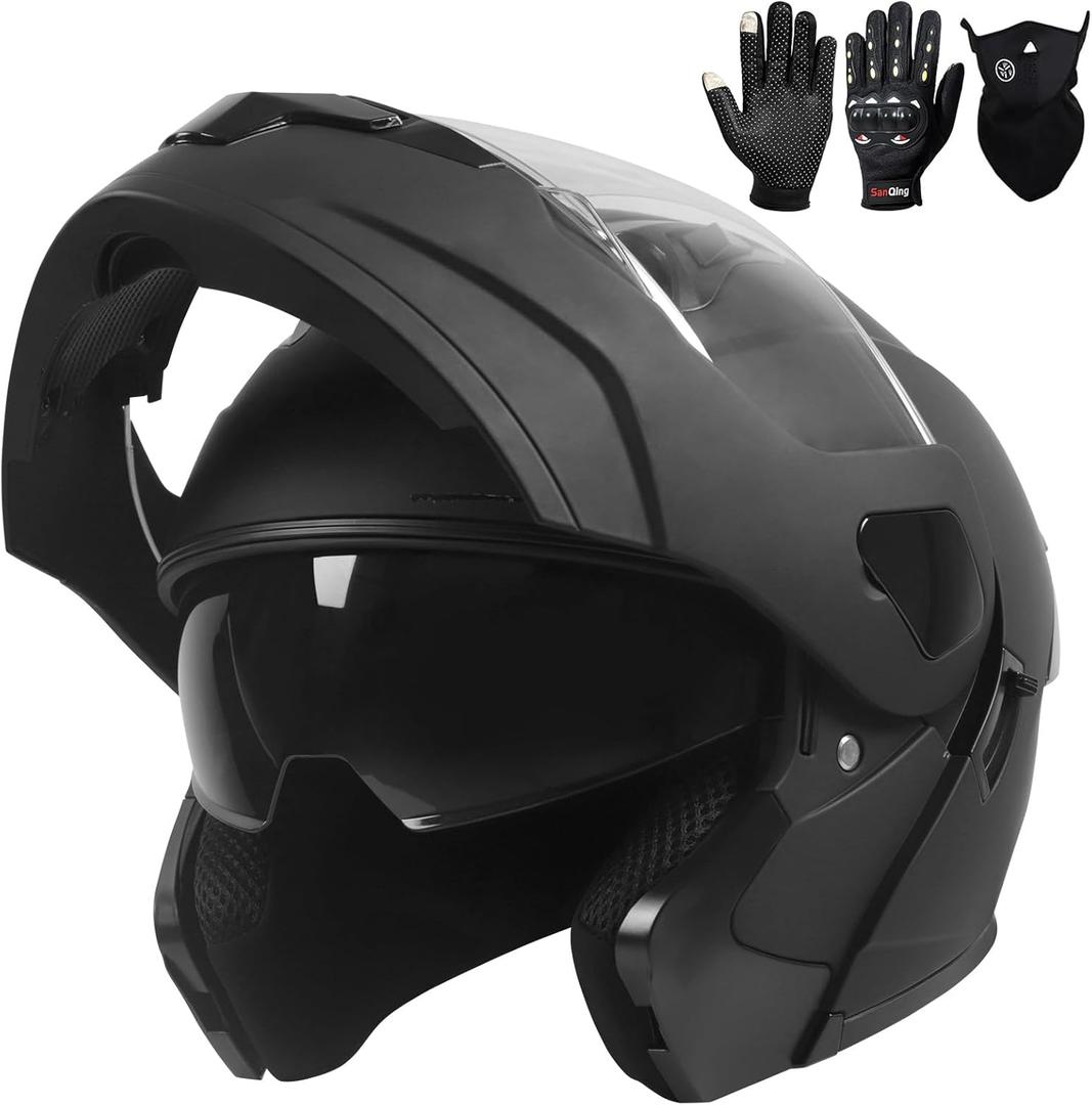 Adult Modular Motorcycle Helmets, DOT Approved Flip up Dual Visor Full Face Helmet for Men Women Moto ATV UTV Snowmobile ADV Four Wheeler Street Bike with Gloves & Mask, Small