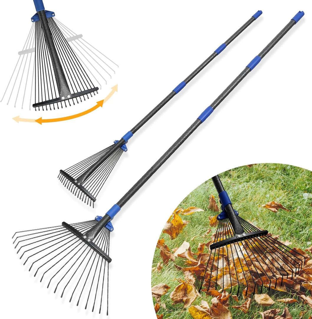 Adjustable Leaf Rake, Heavy Duty Metal Rake for Leaves, Long Handle 30"-90" with Expandable Head 8"-17", Collapsible Small Rakes for Lawns, Gardening, Yard, Camping, Shrub, Grass, Bush, Weed, Debris