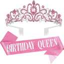 Birthday Tiara for Women, Tiara for Women Pink Rhinestone, Happy Birthday Queen Tiara for Women, Crown for Girls Tiaras Birthday Queen Crowns with Birthday Girl Sash, Pack of 2