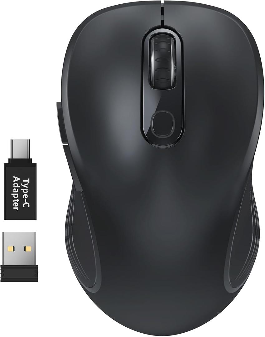 WisFox 2.4G Wireless Mouse for Laptop, Ergonomic Computer Mouse with USB Receiver and Type-C Adapter, 3 Adjustable Levels, 6 Button Cordless Wireless Mice for Windows Mac PC Notebook (Black)