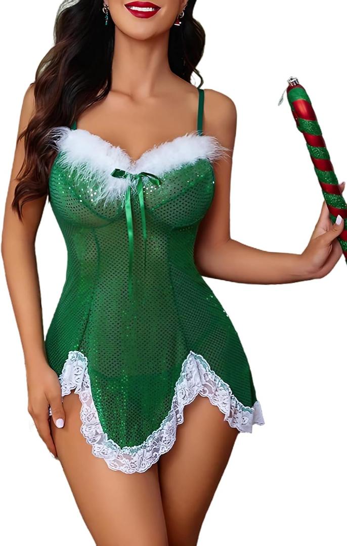 Avidlove Christmas Lingerie For Woman Sexy Santa Dress Outfits Sequin Xmas Babydolls Chemises S (Small, Green)