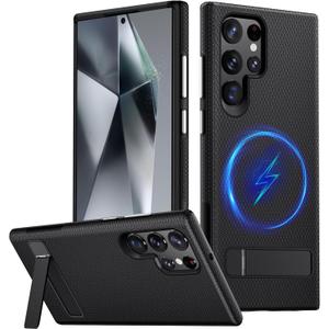 FIERANY for Samsung Galaxy S24 Ultra Magnetic Case, [Fit for Magsafe] Military Grade Dual-Layer Shockproof Protective with Non Slip Textured Back, Phone Case with Kickstand for S24 Ultra (Black)