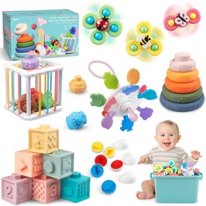 Plunack 6 in 1 Baby Toys 6 to 12 Months, Montessori Toy Infant Teething Babies Toy Stacking Blocks Rings Pull String Toy Sorter Sensory Bin
